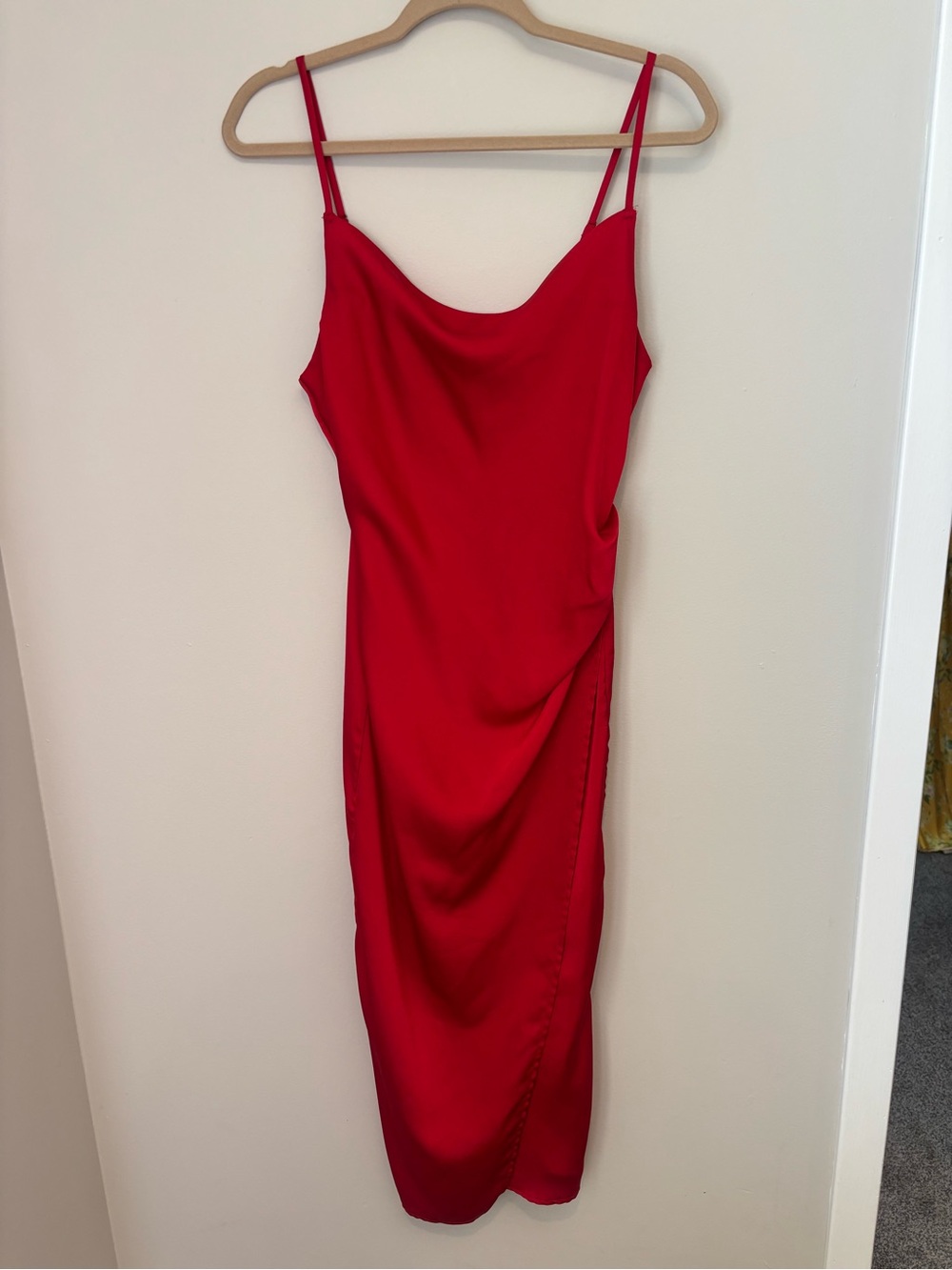 Lulus Red Satin Cowl Neck Ruched Midi Dress — Size M